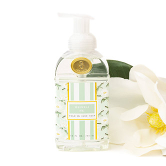 8 Oak Lane magnolia fig foaming hand soap in mint bottle with soft green botanical pattern (front view)