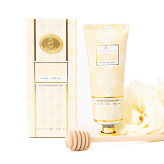 8 Oak Lane oatmilk honey hand cream 100ml in soft cream packaging with warm neutral tones (front view)