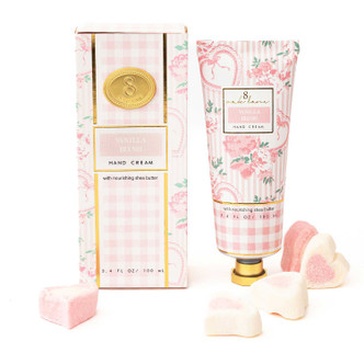 8 Oak Lane vanilla blush hand cream 100ml in soft pink floral packaging with gold accents (front view)