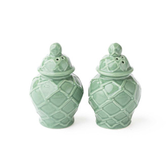 8 Oak Lane green textured ginger jar salt and pepper shaker set with glossy ceramic finish (front view)