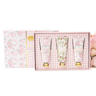 8 Oak Lane sweetheart blooms 3-piece boxed hand cream set with pink floral packaging (front view)