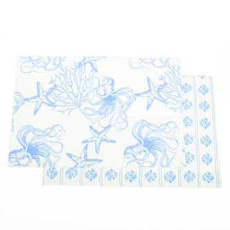 8 Oak Lane sea salt reversible placemat with blue coastal toile pattern on white background (front view)