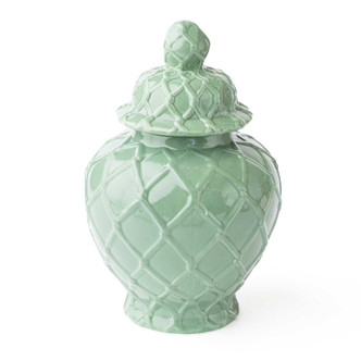 Green ceramic ginger jar with textured pattern and removable lid for home decor (angled view)