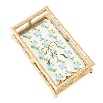 Packaged vintage rose mint guest towels with blue floral design and gold bamboo tray detail (angled view)