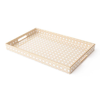 8 Oak Lane tan cane rectangular tray with woven rattan design and cutout handles (front view)