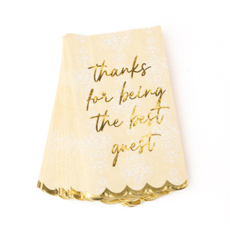 8 Oak Lane golden damask paper guest towel pack with scalloped edges and gold border design (front view)