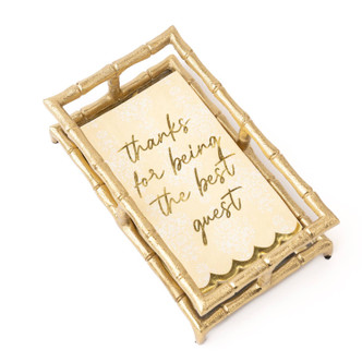 Golden damask paper guest towels and elegant script detail with decorative gold bamboo tray (angled view)