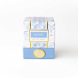 Boxed sea salt candle 5.6oz with blue and white toile design (packaging view)