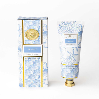 8 Oak Lane sea salt hand cream 100ml in blue and yellow toile packaging (front view)