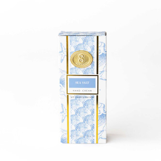 Boxed sea salt hand cream 100ml with blue toile print and yellow accents (packaging view)