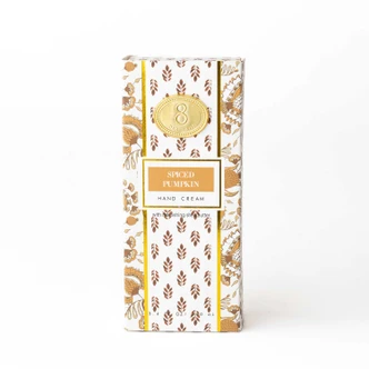 Spiced Pumpkin hand cream box and tube with a gold botanical pumpkin print (alternate angle)