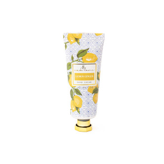 Lemon Ginger travel hand cream tube with a lemon and blue tile print