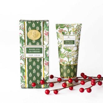 Woodland Cranberry hand cream box and tube in a green holly print
