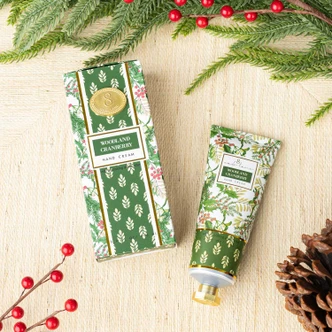 Woodland Cranberry hand cream box and tube in a green holly print (alternate angle)
