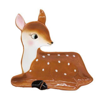 Ceramic dessert plate shaped like a spotted doe with polka dots