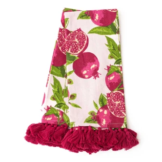 Pomegranate Grove print kitchen towel with pink tassel trim