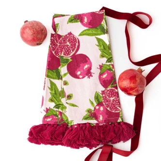Pomegranate Grove print kitchen towel with pink tassel trim (alternate angle)