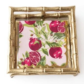 Stack of pomegranate-print beverage napkins with scalloped gold foil edges (alternate angle)