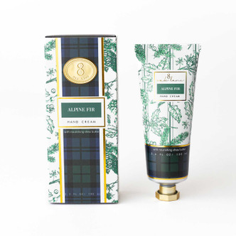 Alpine Fir hand cream box and tube in a navy and green plaid print