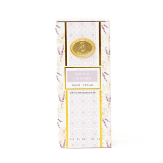 French Lavender hand cream box and tube in a white and lavender floral print with gold accents (alternate angle)