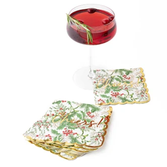 Woodland berry print beverage napkin with a gold 'Cheers!' script and scalloped gold edge (alternate angle)