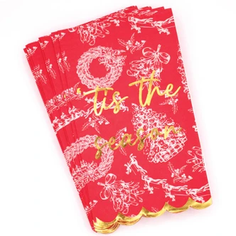 Red toile print paper guest towel with a gold foil script and scalloped edge (alternate angle)