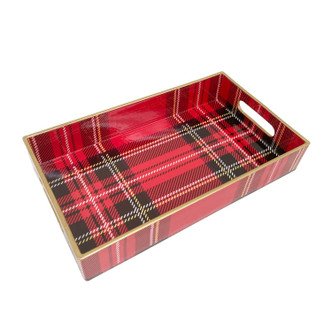 Glossy red plaid resin catchall tray with gold trim and cutout handles