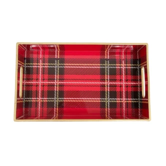 Glossy red plaid resin catchall tray with gold trim and cutout handles (alternate angle)