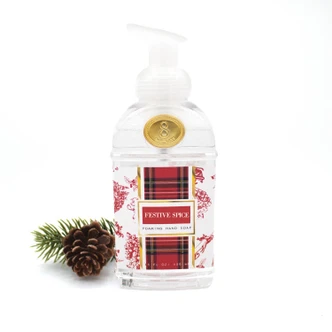 Festive Spice foaming hand soap pump bottle with a red plaid and toile print (alternate angle)