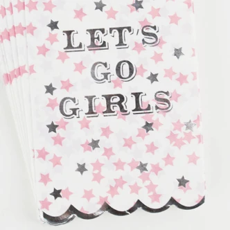 Pink and silver star print paper guest towel with 'Let's Go Girls' foil lettering (alternate angle)
