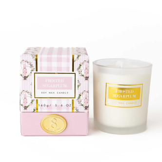 Frosted Sugarplum boxed soy candle in a pink gingham and floral print with a frosted glass vessel