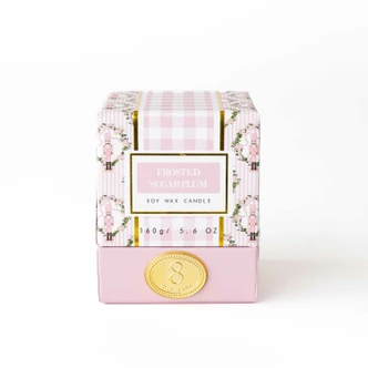 Frosted Sugarplum boxed soy candle in a pink gingham and floral print with a frosted glass vessel (alternate angle)