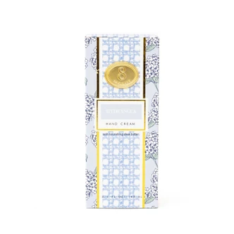 Hydrangea hand cream box and tube in a blue lattice print with hydrangea blooms (alternate angle)
