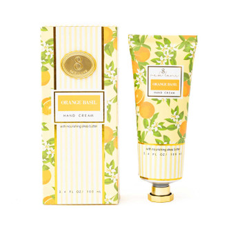 Orange Basil hand cream box and tube in an orange and blossom print