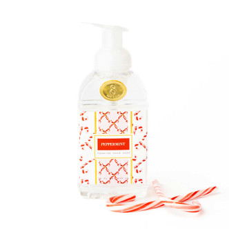 Peppermint Candy Cane foaming hand soap pump bottle with a red and gold lattice print