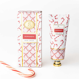 Peppermint Candy Cane hand cream box and tube in a red and gold lattice print