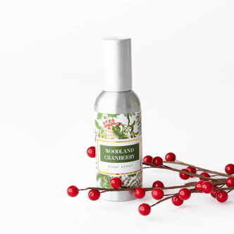 Woodland Cranberry room and linen spray bottle in a green pine and holly print