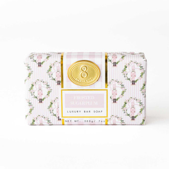 Wrapped bar soap in a pink gingham and floral Frosted Sugarplum print