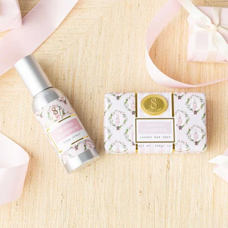 Wrapped bar soap in a pink gingham and floral Frosted Sugarplum print (alternate angle)