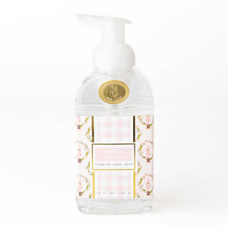 Frosted Sugarplum foaming hand soap pump bottle in a pink gingham nutcracker print