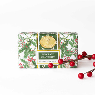 Wrapped bar soap in a Woodland Cranberry holly and greenery print