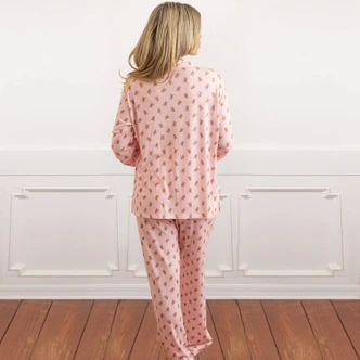 Gingerbread Blush long pajama set with a blush-pink gingerbread print (alternate angle)