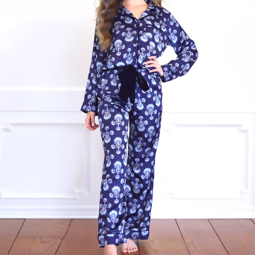 8 Oak Lane Navy Fan Luxe Satin Pant PJ Set