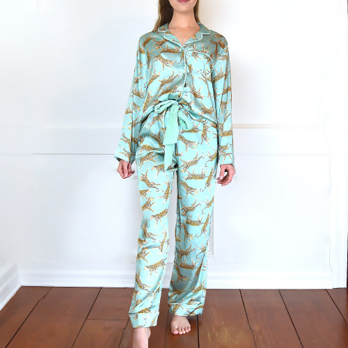 8 Oak Lane Sage Leopard Satin Pant PJ Set (EH208SAG)