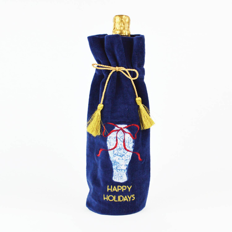 8 Oak Lane Ginger Jar Blue Embroidered Wine Bag