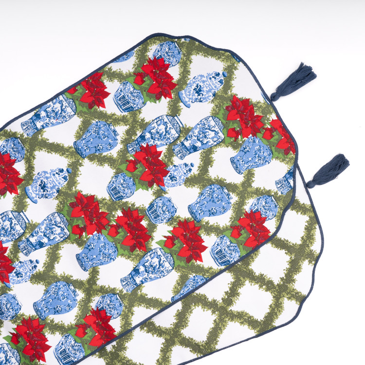 8 Oak Lane Detail of Poinsettias Reversible Tassel Table Runner