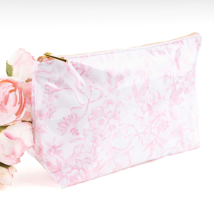 8 Oak Lane Pink Bow Toile Clear Coated Travel Cosmetic Case