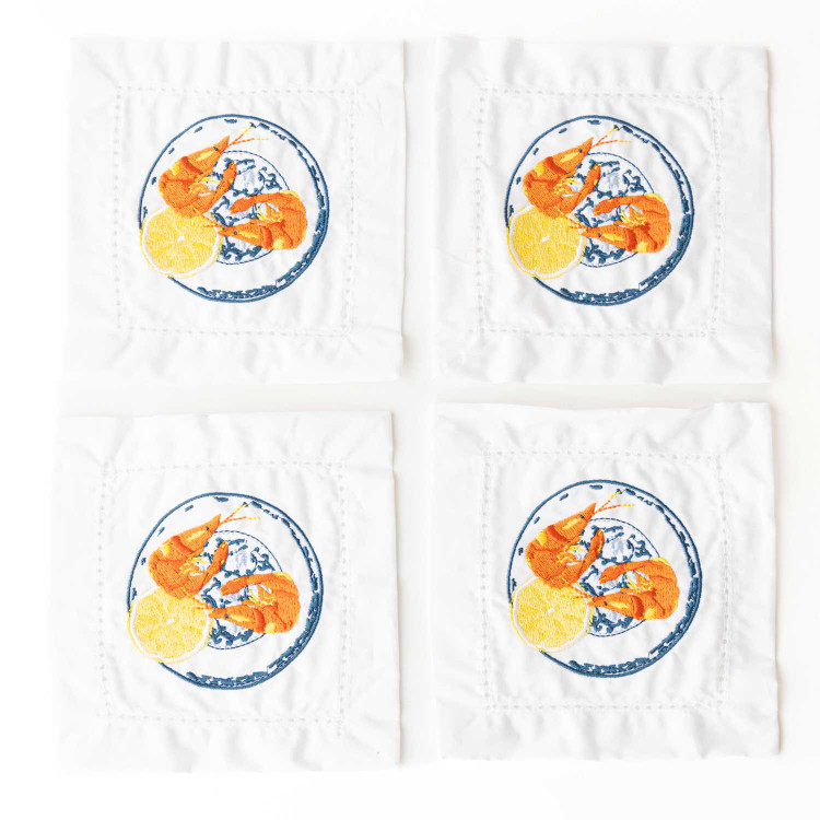 8 Oak Lane Lemon Prawns Embroidered Cocktail Napkin Set