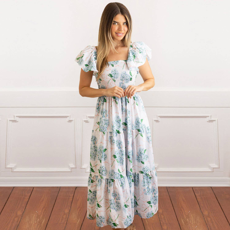 8 Oak Lane Hydrangea Ribbons Smocked Flutter Sleeve Dress