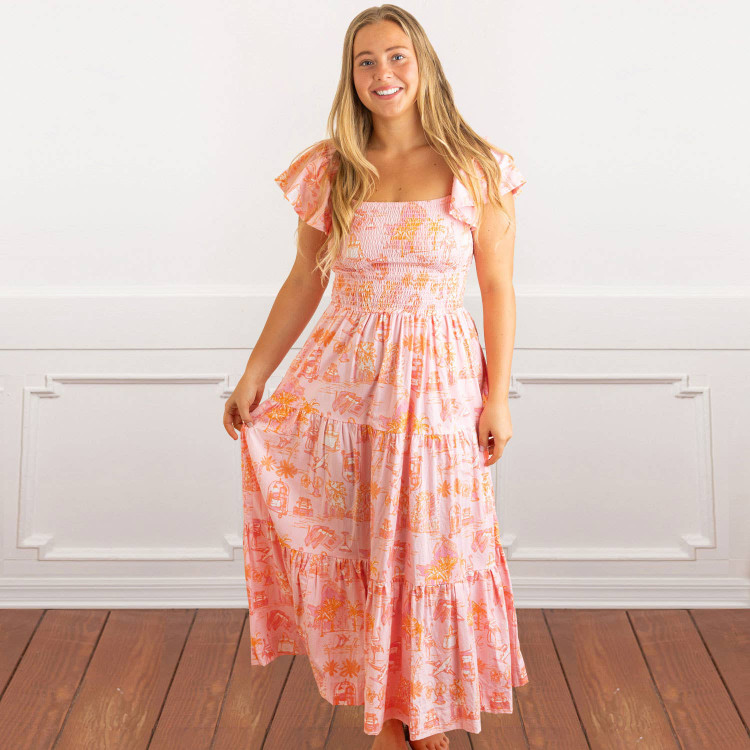 8 Oak Lane Sunset Toile Smocked Flutter Sleeve Dress